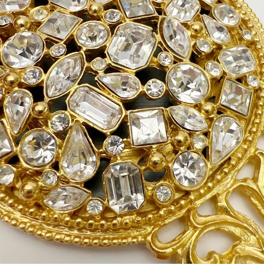Kirks Folly Clear Rhinestone Crystal Jeweled Golden Small Vanity Hand Mirror